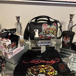 Ed Hardy Black and Red Handbag with Tiger and Rose Design